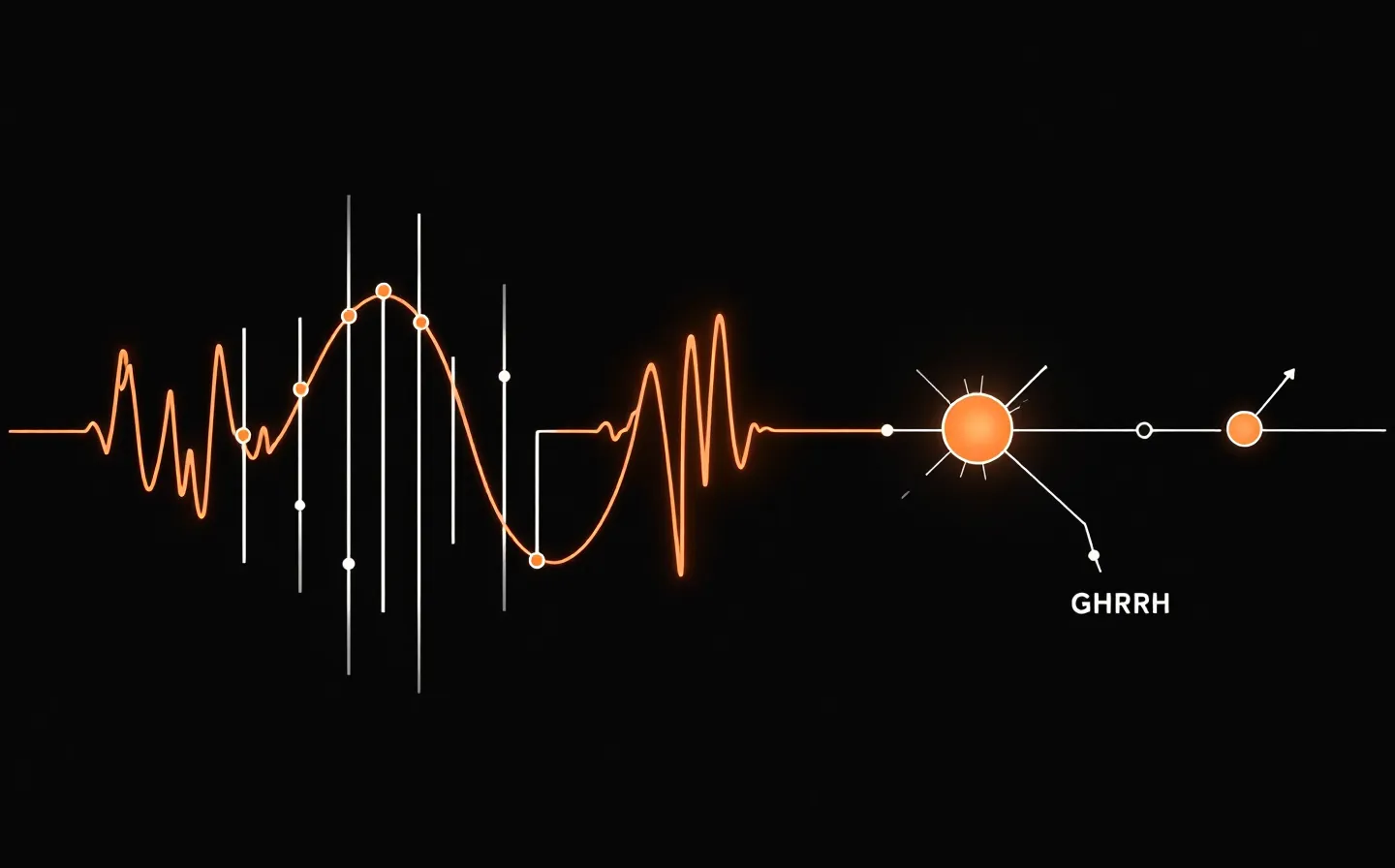 Austere off-white line schematic of a pituitary cell driving a growth-hormone pulse to a single vermillion insulin-like-growth-factor node, on a cool near-black ground